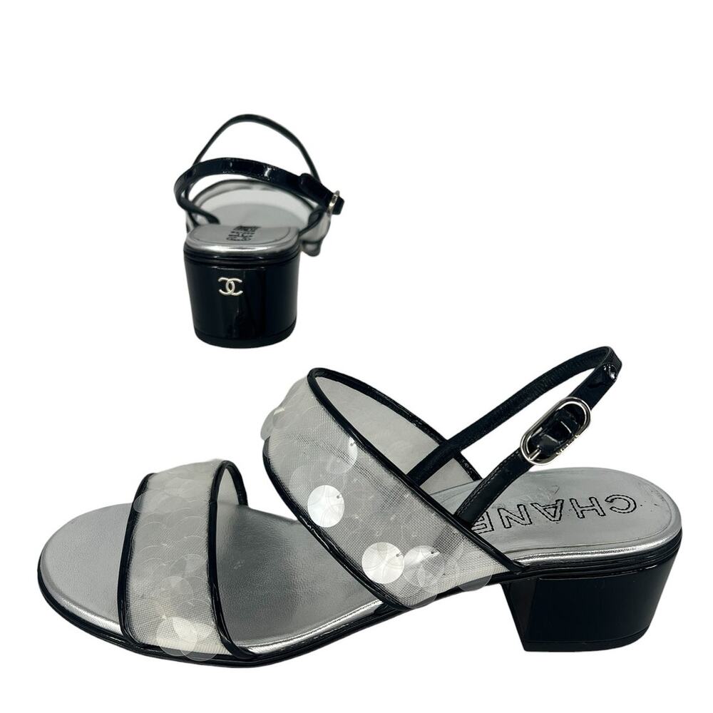 Chanel 2017 Sequin Patent Leather Trim CC Heel Sandals 38C